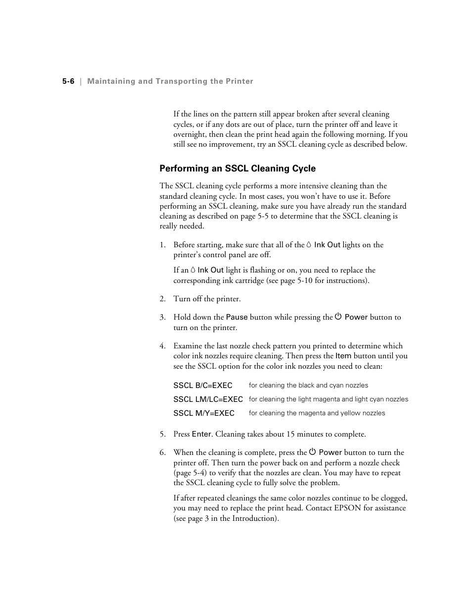 Performing an sscl cleaning cycle | Epson 10600 User Manual | Page 135 / 183