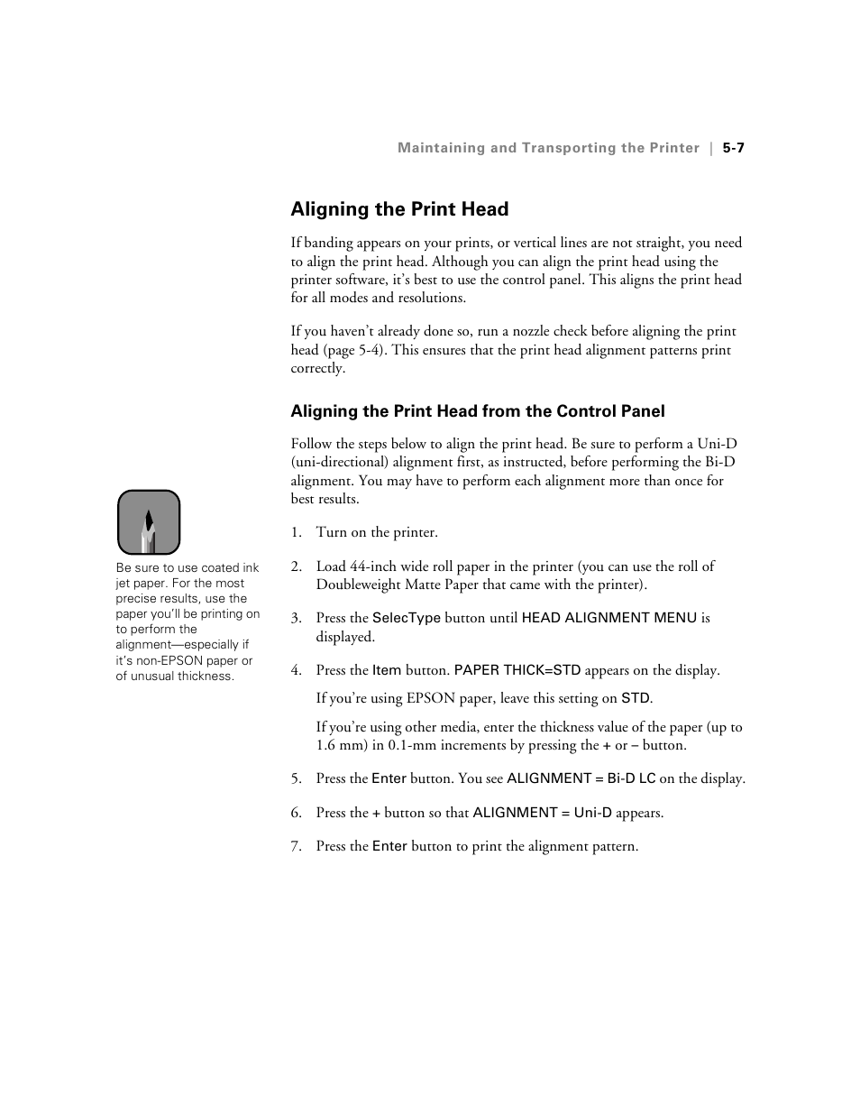 Aligning the print head, Aligning the print head from the control panel | Epson 10600 User Manual | Page 136 / 183