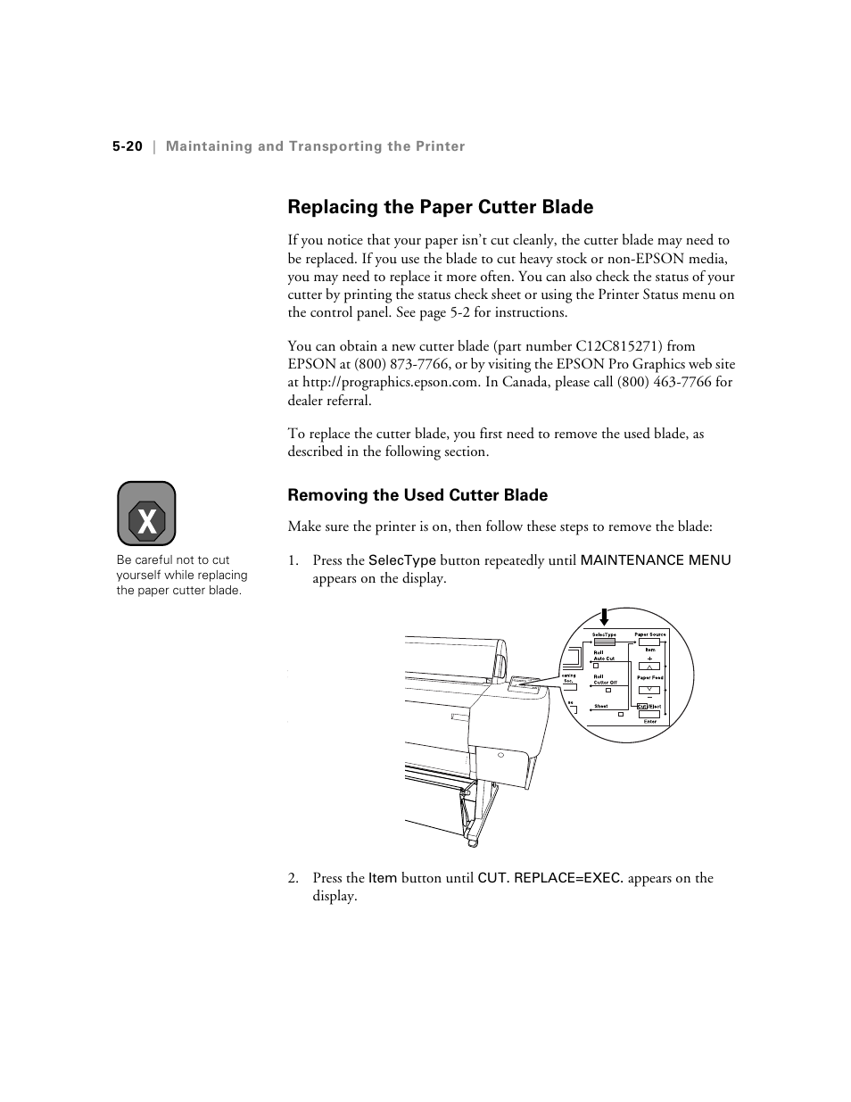 Replacing the paper cutter blade, Removing the used cutter blade | Epson 10600 User Manual | Page 149 / 183