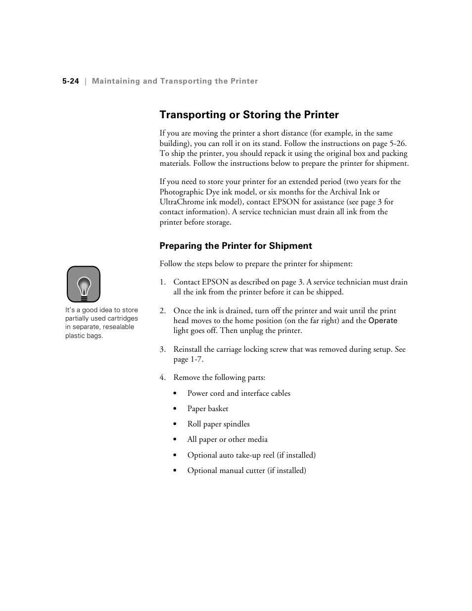 Transporting or storing the printer, Preparing the printer for shipment | Epson 10600 User Manual | Page 153 / 183