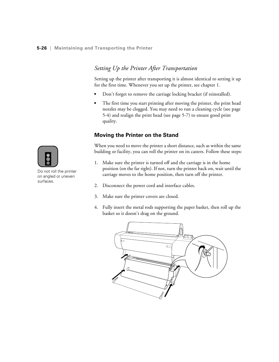 Moving the printer on the stand, Setting up the printer after transportation | Epson 10600 User Manual | Page 155 / 183