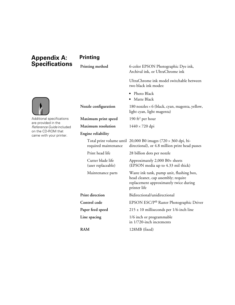 Appendix a: specifications, Printing | Epson 10600 User Manual | Page 174 / 183