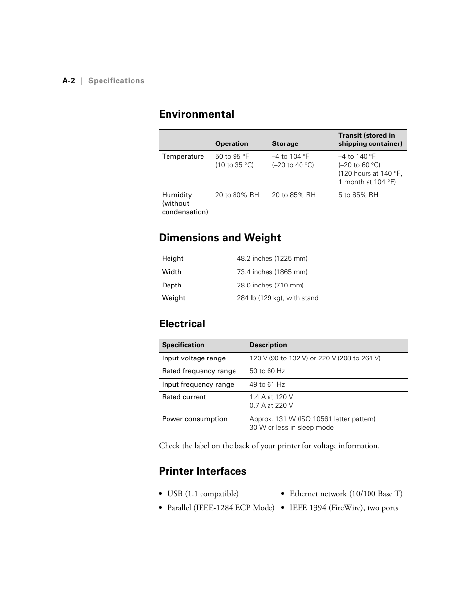 Environmental, Dimensions and weight, Electrical | Printer interfaces, Environmental dimensions and weight electrical | Epson 10600 User Manual | Page 175 / 183