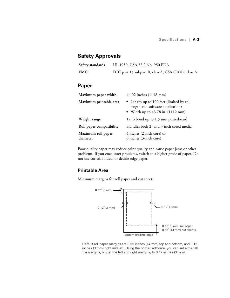 Safety approvals, Paper, Printable area | Safety approvals paper | Epson 10600 User Manual | Page 176 / 183