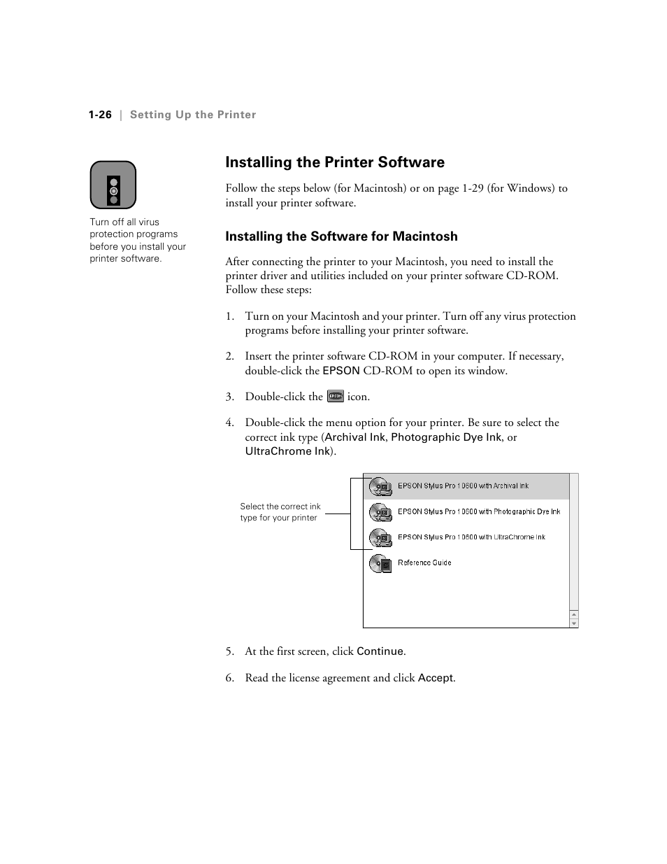 Installing the printer software, Installing the software for macintosh | Epson 10600 User Manual | Page 41 / 183