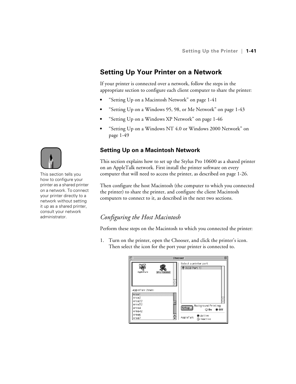 Setting up your printer on a network, Setting up on a macintosh network, Configuring the host macintosh | Epson 10600 User Manual | Page 56 / 183