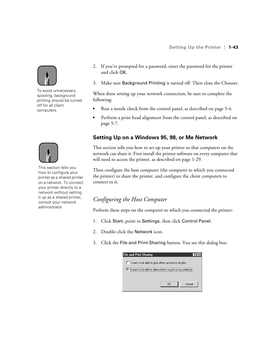 Setting up on a windows 95, 98, or me network, Configuring the host computer | Epson 10600 User Manual | Page 58 / 183