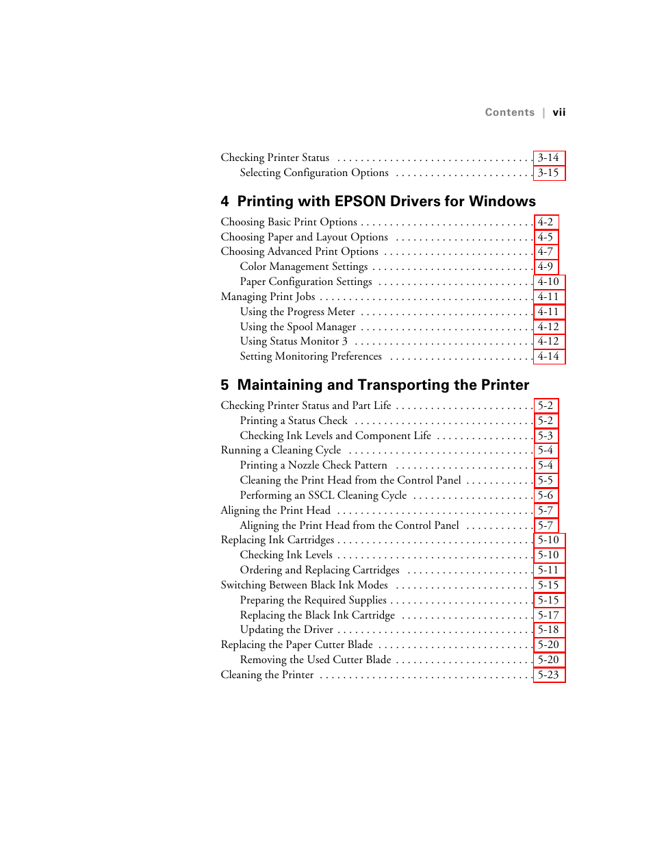 4 printing with epson drivers for windows, 5 maintaining and transporting the printer | Epson 10600 User Manual | Page 6 / 183