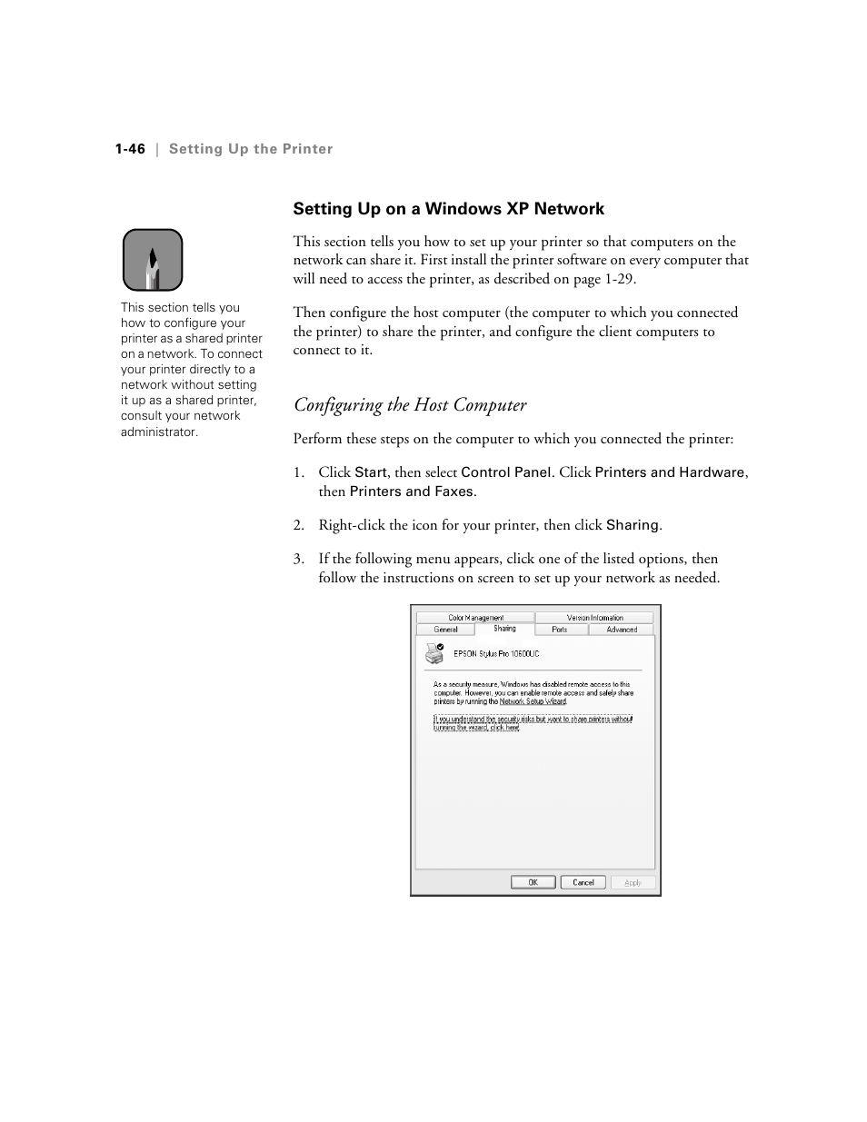 Setting up on a windows xp network, Configuring the host computer | Epson 10600 User Manual | Page 61 / 183