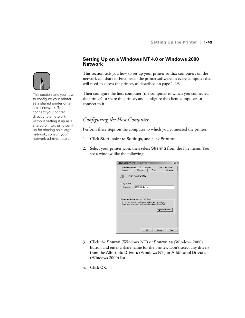 K . 1-49, Configuring the host computer | Epson 10600 User Manual | Page 64 / 183