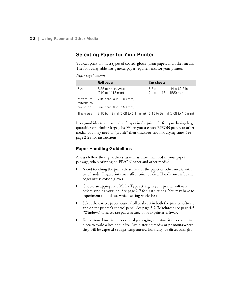 Selecting paper for your printer, Paper handling guidelines | Epson 10600 User Manual | Page 69 / 183