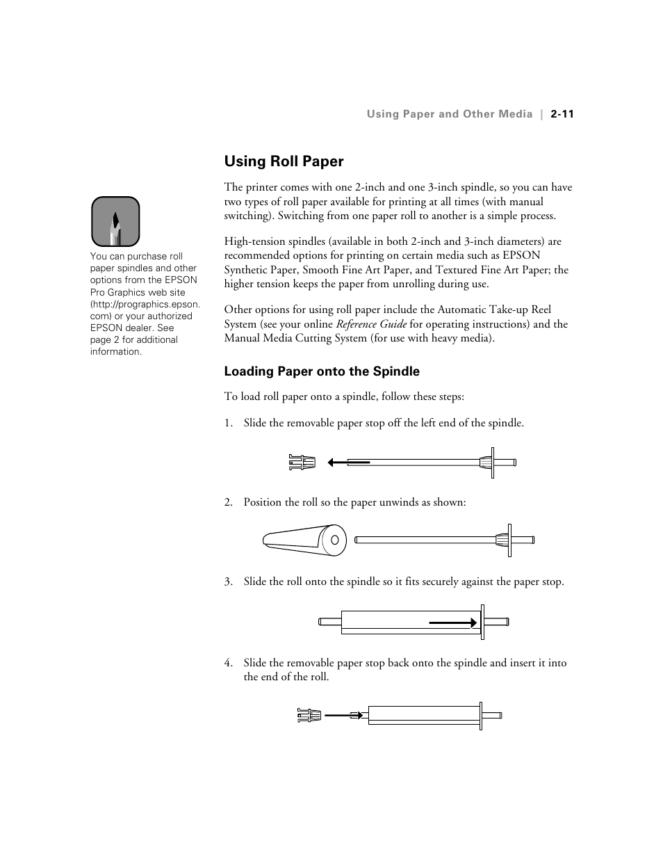 Using roll paper, Loading paper onto the spindle | Epson 10600 User Manual | Page 78 / 183