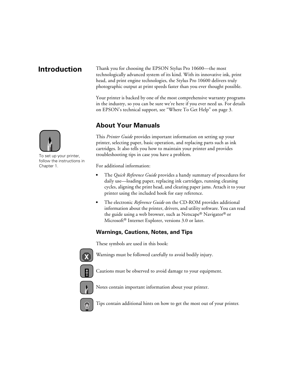 Introduction, About your manuals | Epson 10600 User Manual | Page 8 / 183