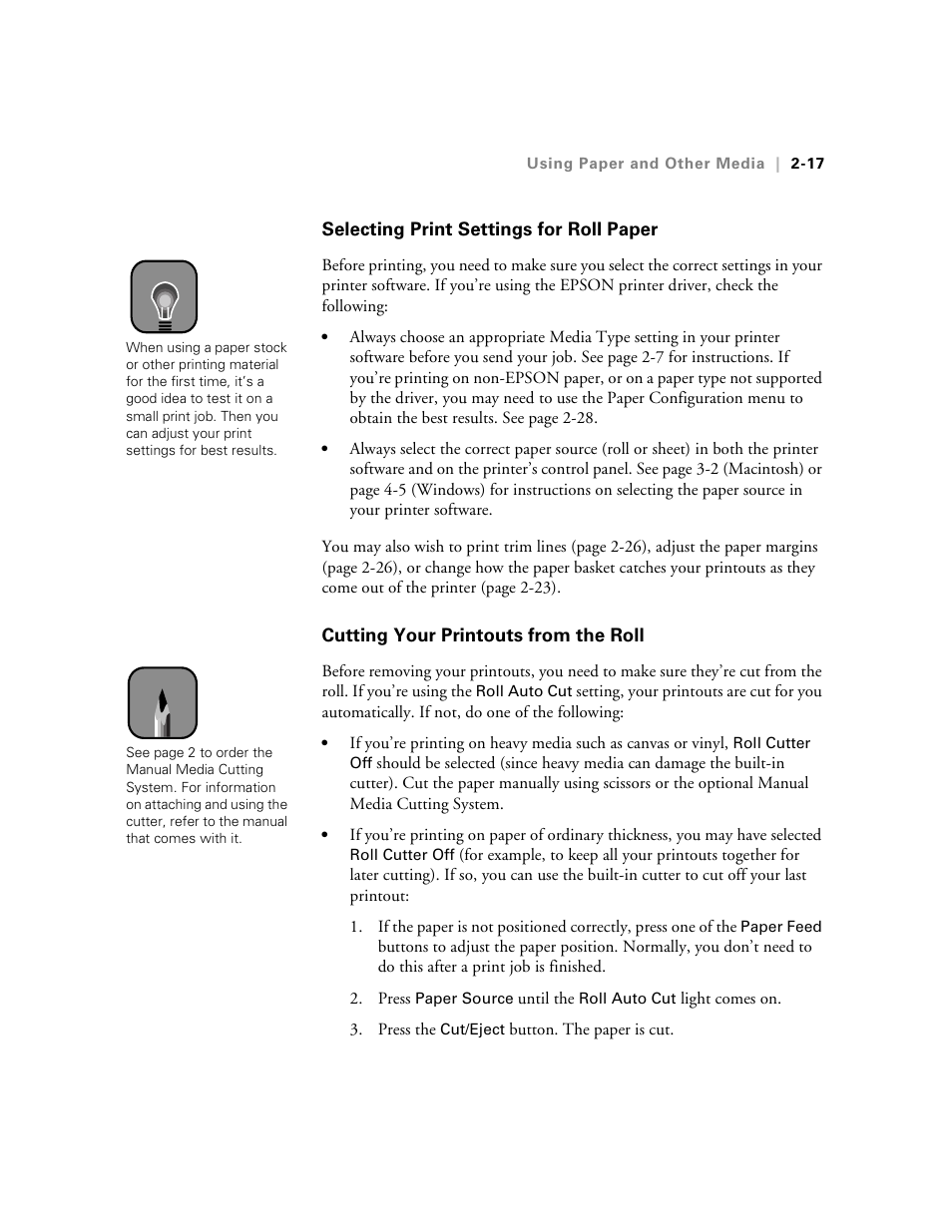 Selecting print settings for roll paper, Cutting your printouts from the roll | Epson 10600 User Manual | Page 84 / 183