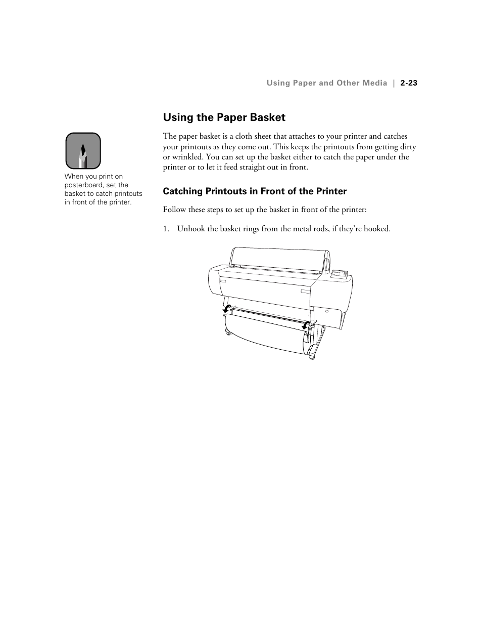 Using the paper basket, Catching printouts in front of the printer | Epson 10600 User Manual | Page 90 / 183
