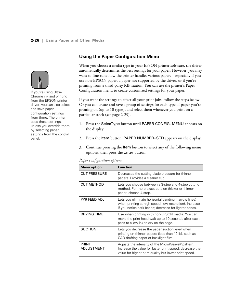 Using the paper configuration menu | Epson 10600 User Manual | Page 95 / 183