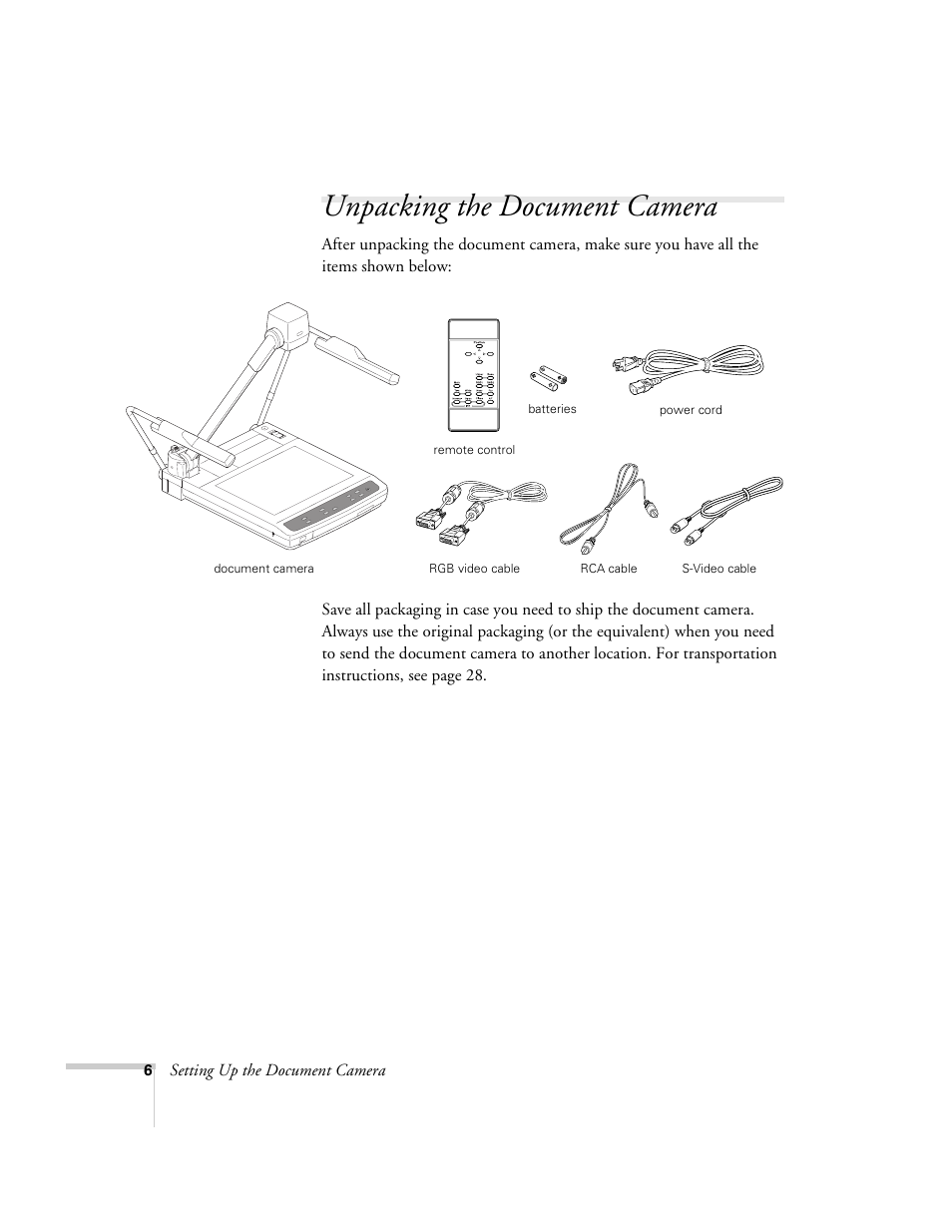 Unpacking the document camera | Epson ELPDC02 User Manual | Page 12 / 55