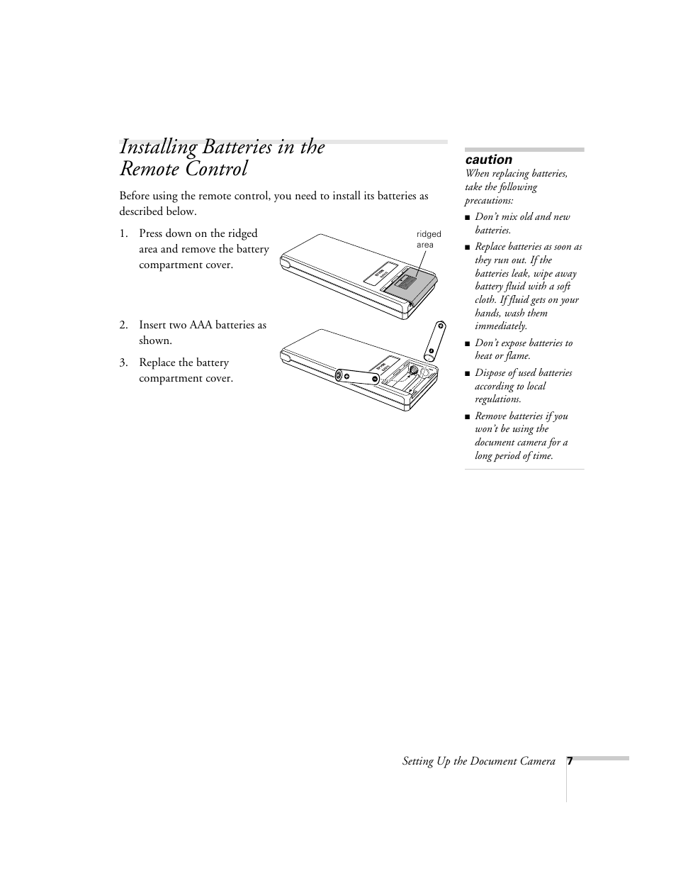 Installing batteries in the remote control | Epson ELPDC02 User Manual | Page 13 / 55