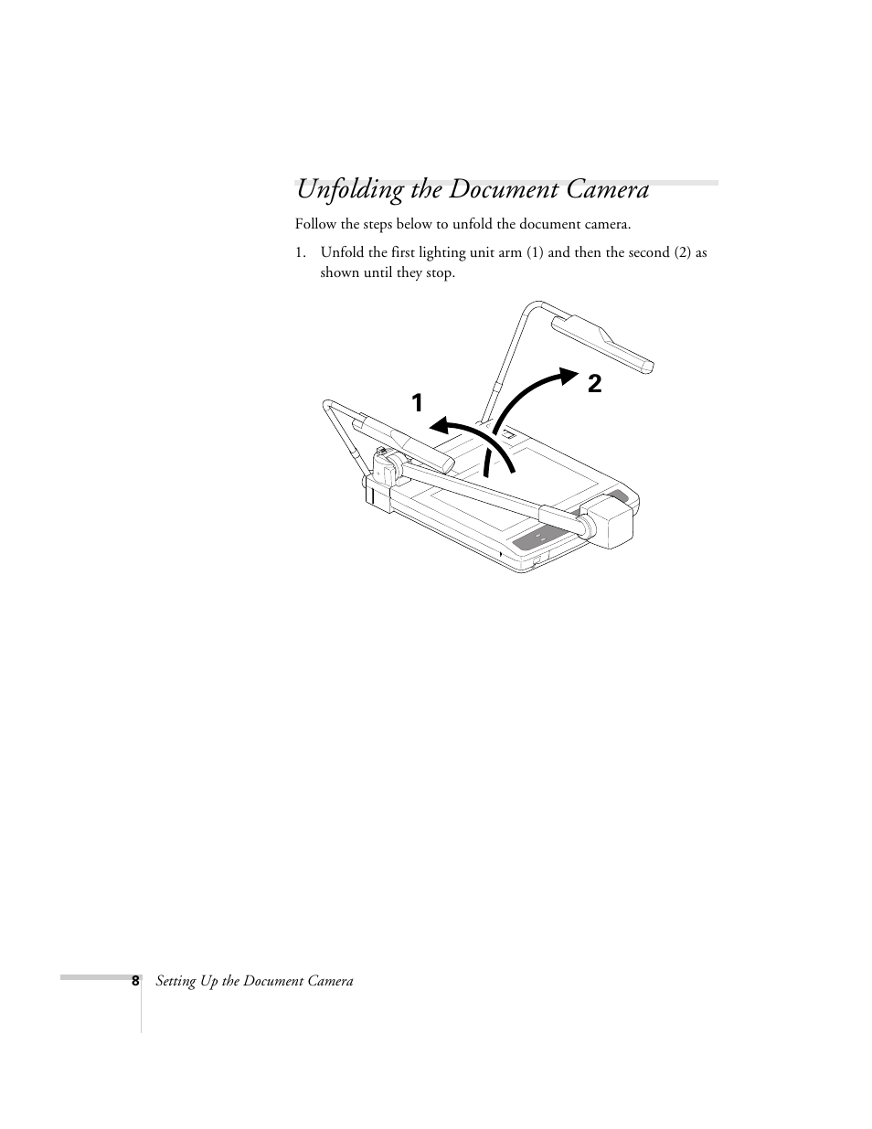 Unfolding the document camera | Epson ELPDC02 User Manual | Page 14 / 55