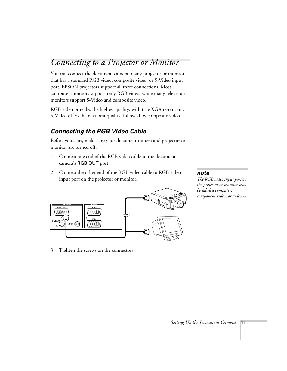 Connecting to a projector or monitor, Connecting the rgb video cable | Epson ELPDC02 User Manual | Page 17 / 55