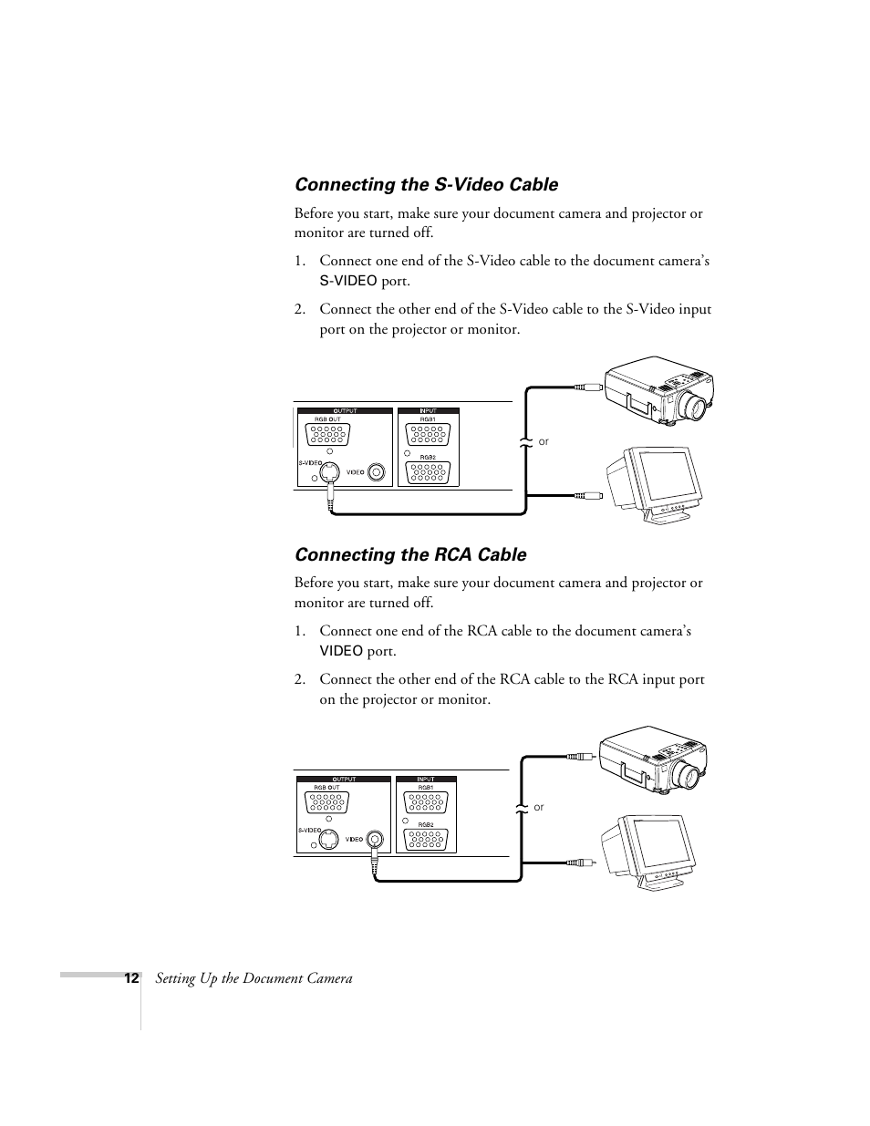 Connecting the s-video cable, Connecting the rca cable | Epson ELPDC02 User Manual | Page 18 / 55