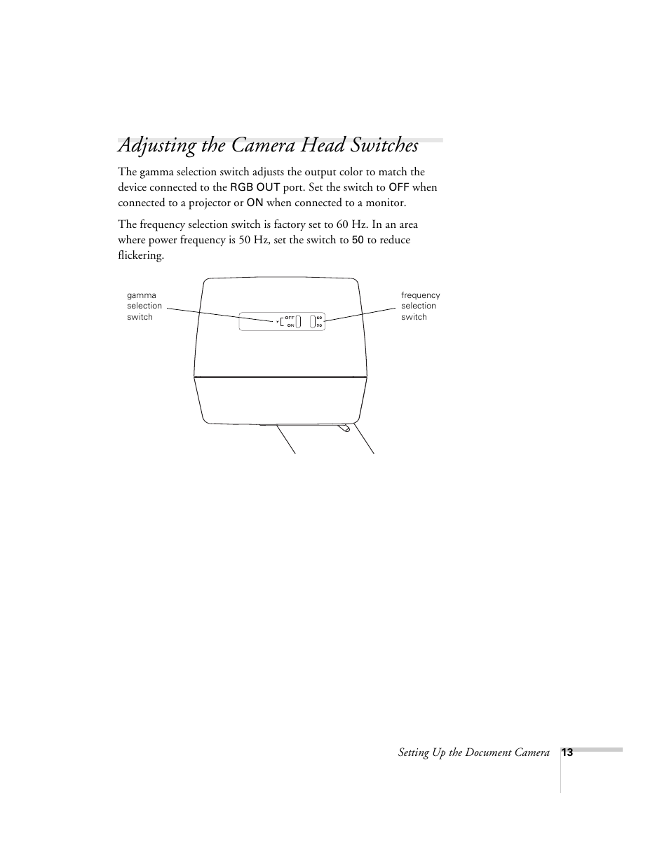 Adjusting the camera head switches | Epson ELPDC02 User Manual | Page 19 / 55