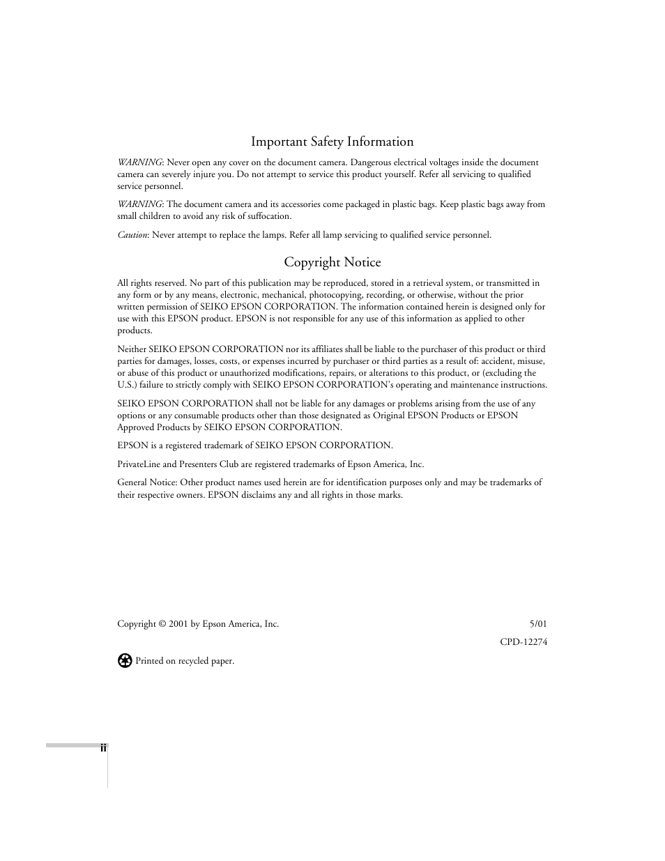 Important safety information, Copyright notice | Epson ELPDC02 User Manual | Page 2 / 55