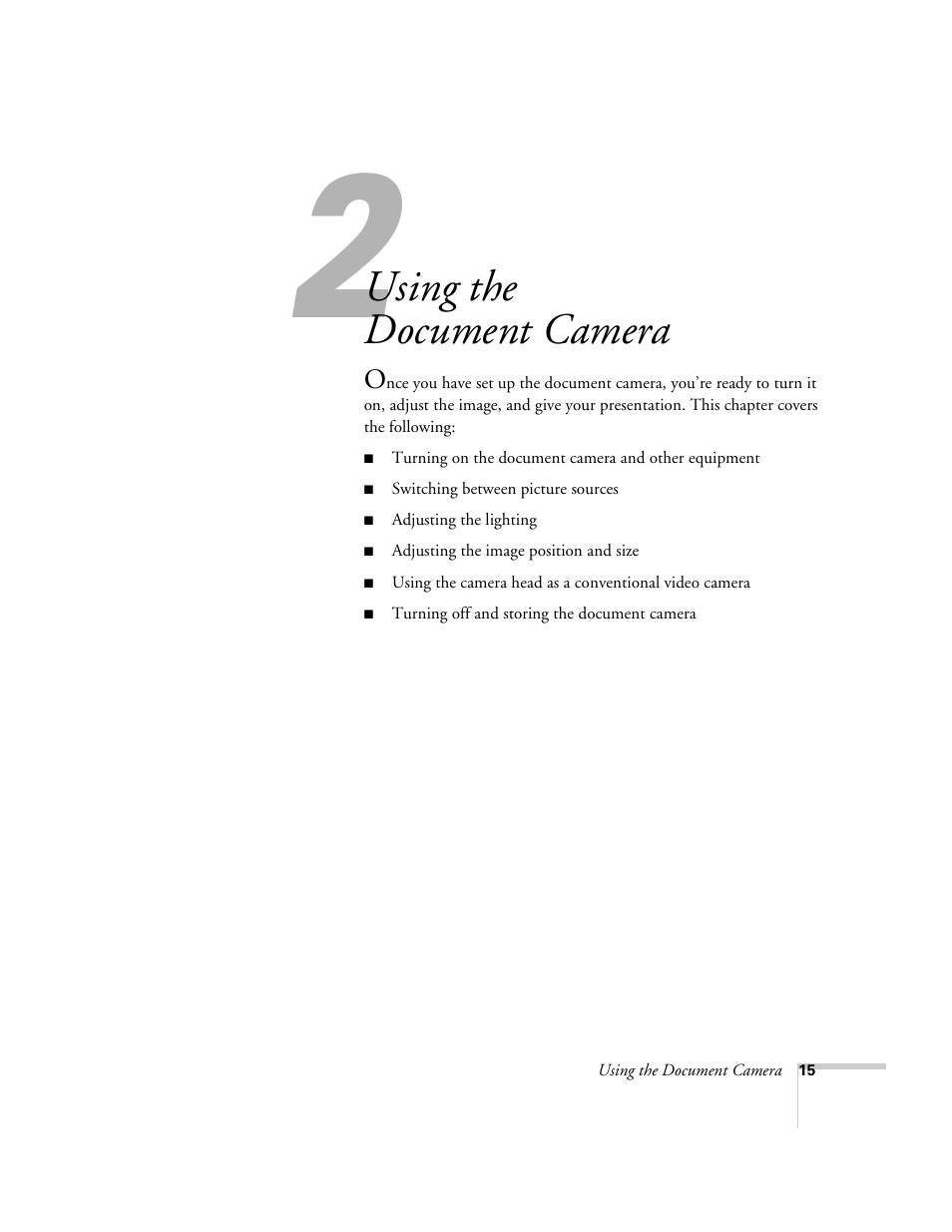 Chap 2-using the document camera, Using the document camera | Epson ELPDC02 User Manual | Page 21 / 55
