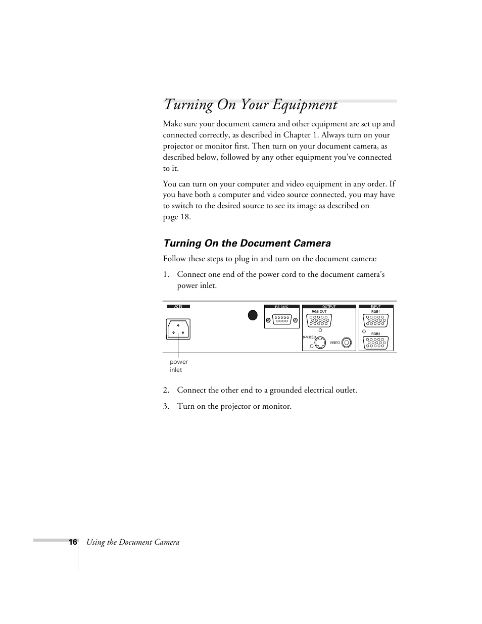 Turning on your equipment, Turning on the document camera | Epson ELPDC02 User Manual | Page 22 / 55