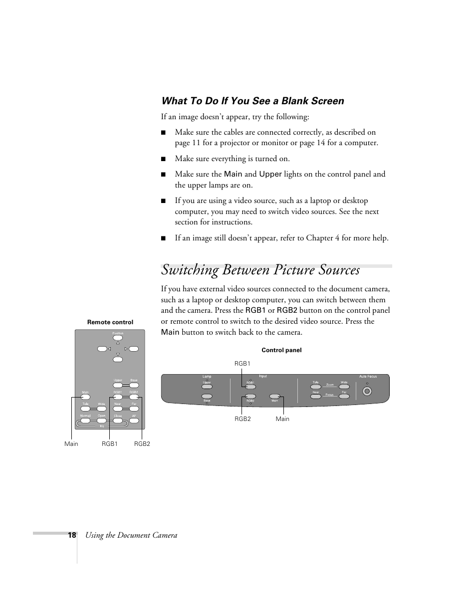 What to do if you see a blank screen, Switching between picture sources | Epson ELPDC02 User Manual | Page 24 / 55