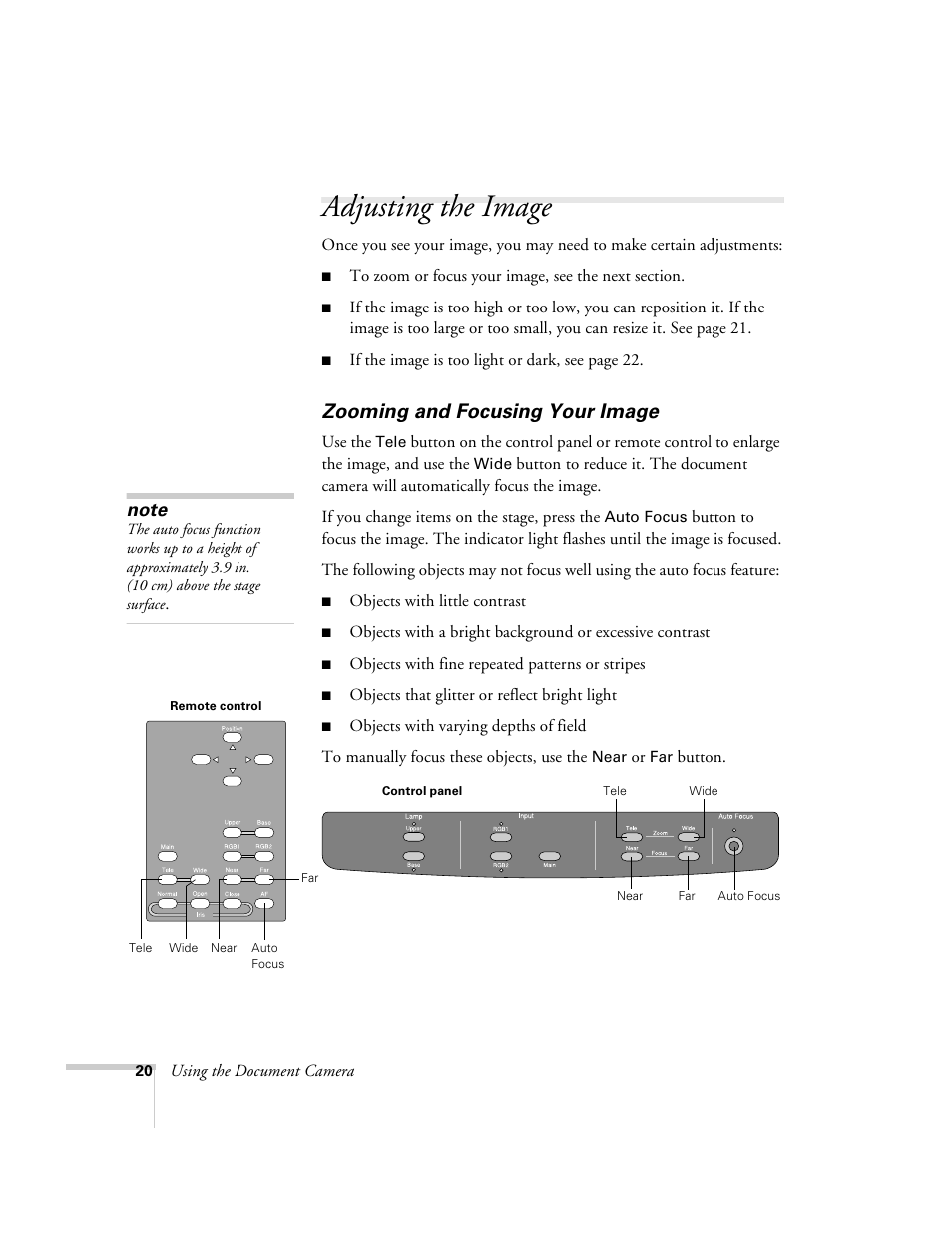 Adjusting the image, Zooming and focusing your image | Epson ELPDC02 User Manual | Page 26 / 55
