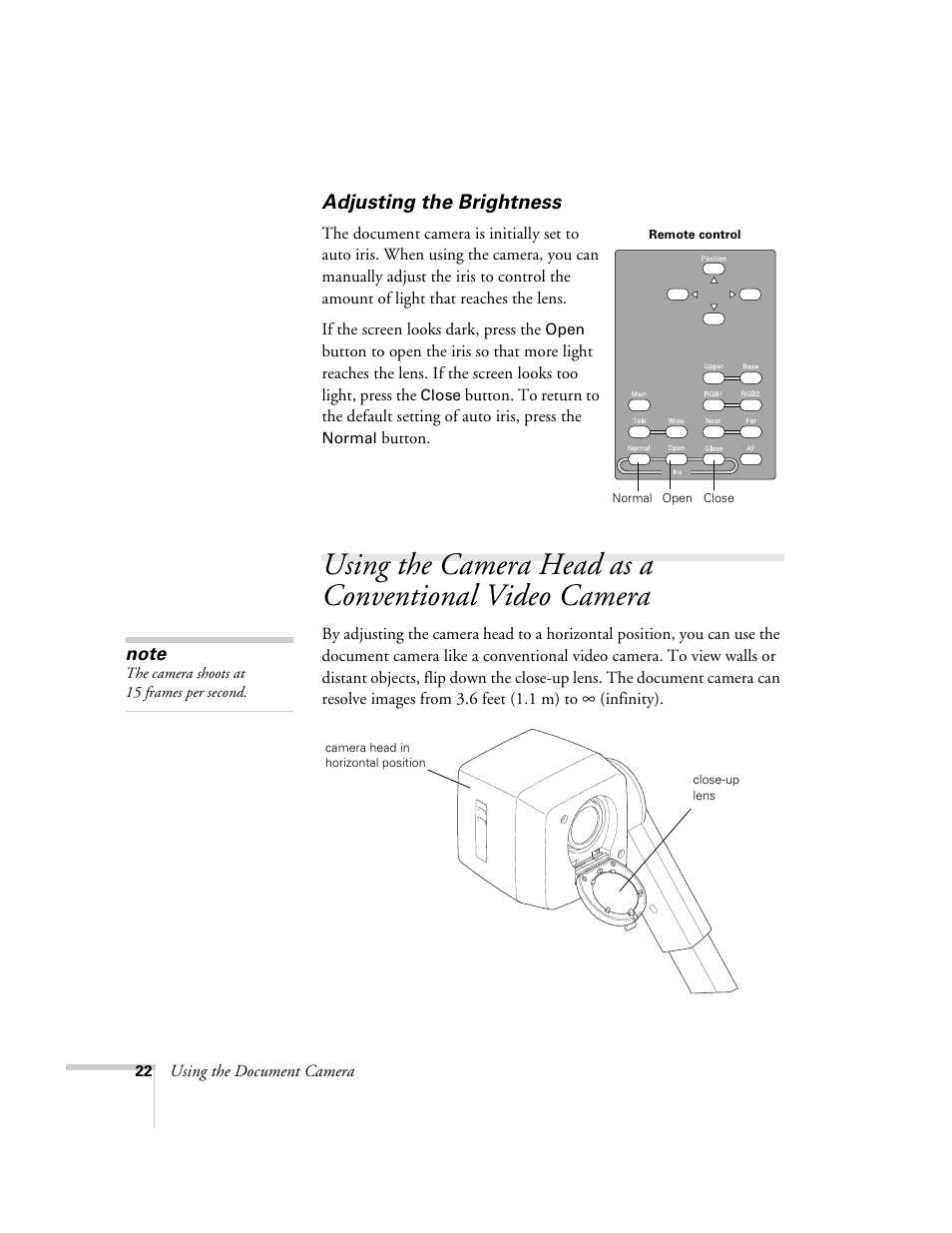 Adjusting the brightness, Using the camera head as a conventional, Video camera | Epson ELPDC02 User Manual | Page 28 / 55