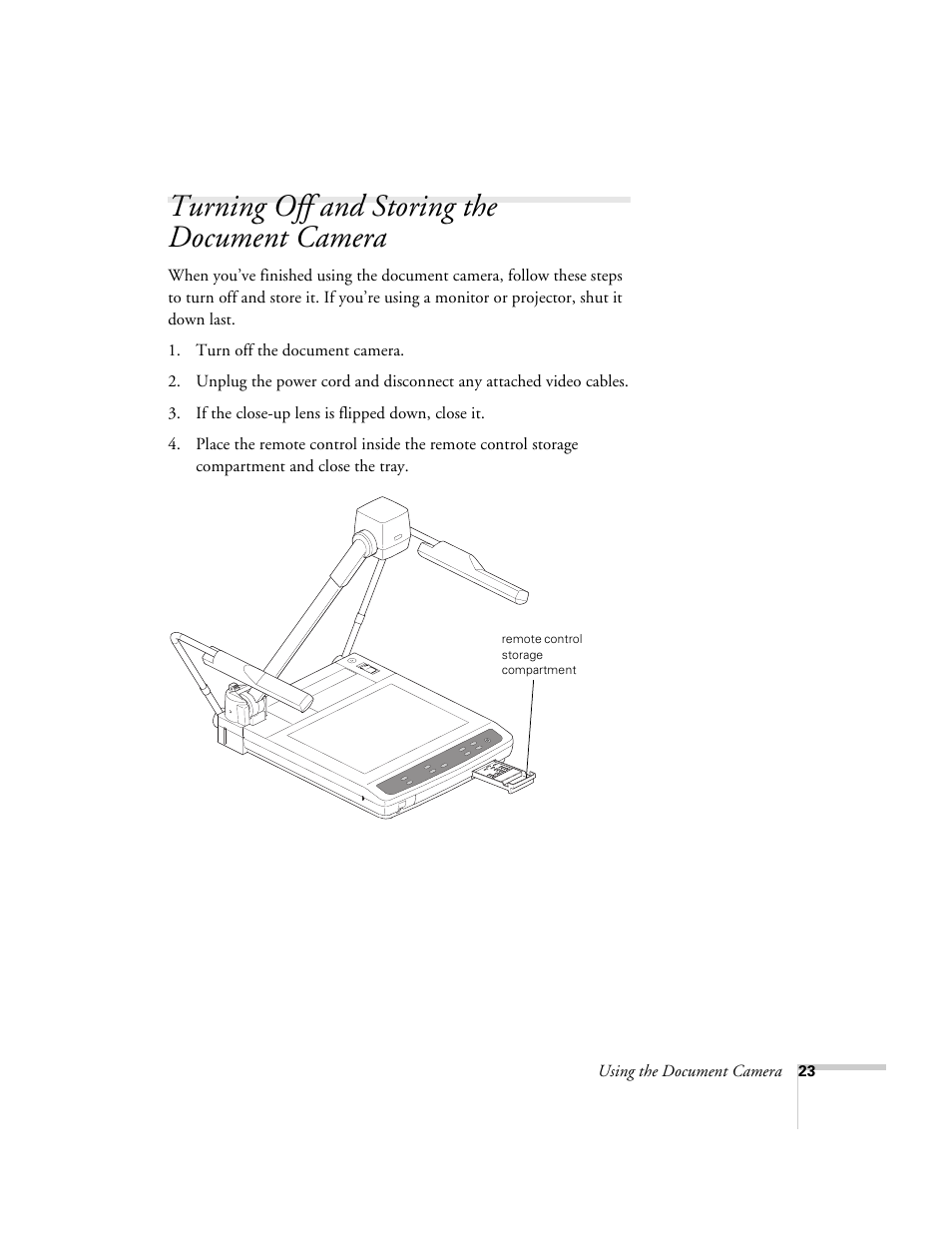 Turning off and storing the document camera | Epson ELPDC02 User Manual | Page 29 / 55