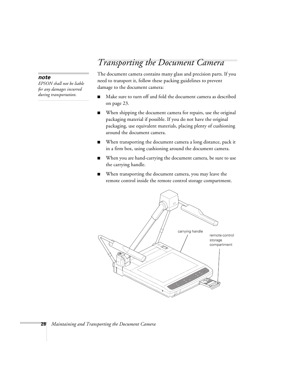 Transporting the document camera | Epson ELPDC02 User Manual | Page 34 / 55