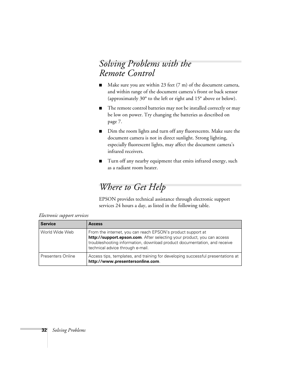 Solving problems with the remote control, Where to get help | Epson ELPDC02 User Manual | Page 38 / 55