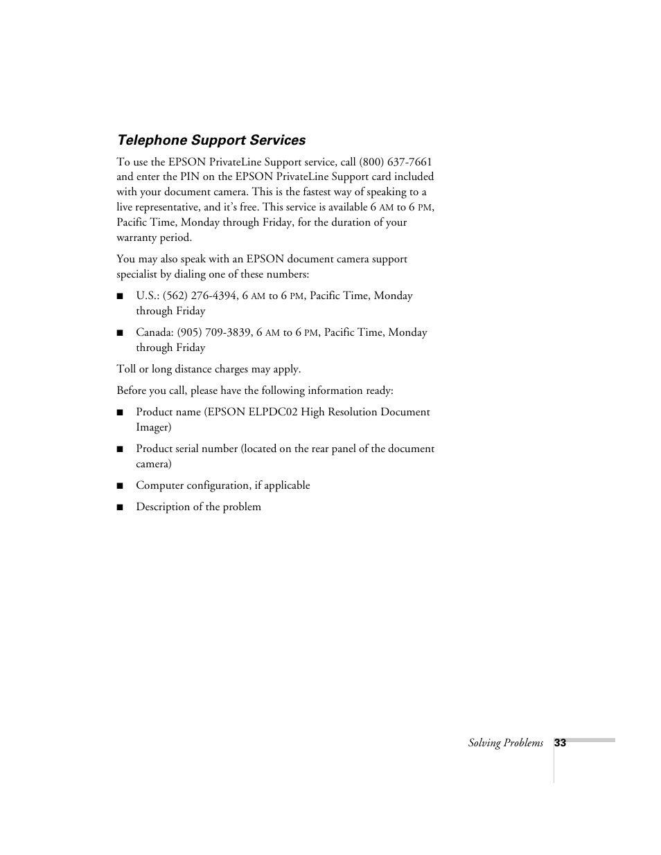 Telephone support services | Epson ELPDC02 User Manual | Page 39 / 55