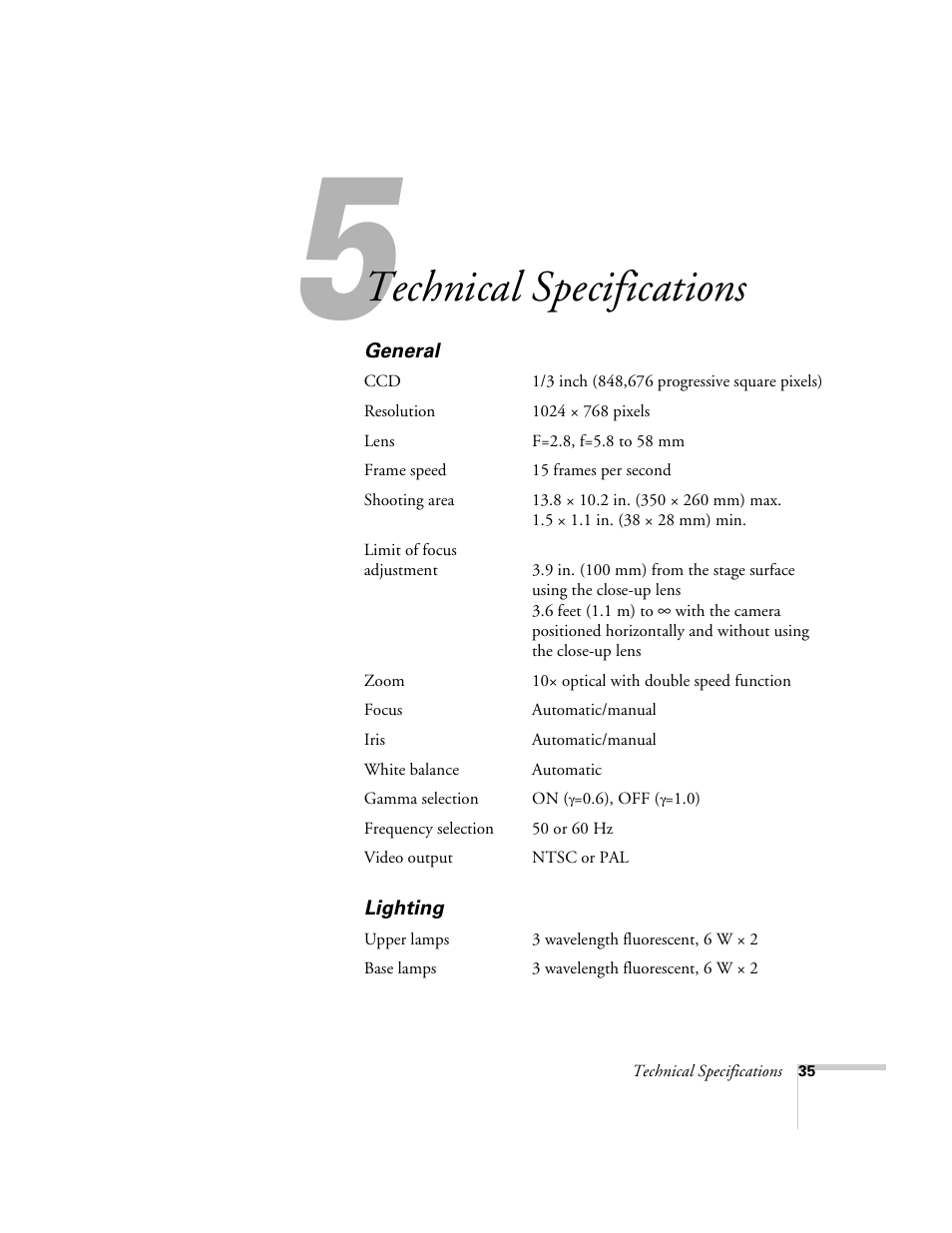 Chap 5-technical specifications, General, Lighting | Technical specifications, General lighting | Epson ELPDC02 User Manual | Page 41 / 55