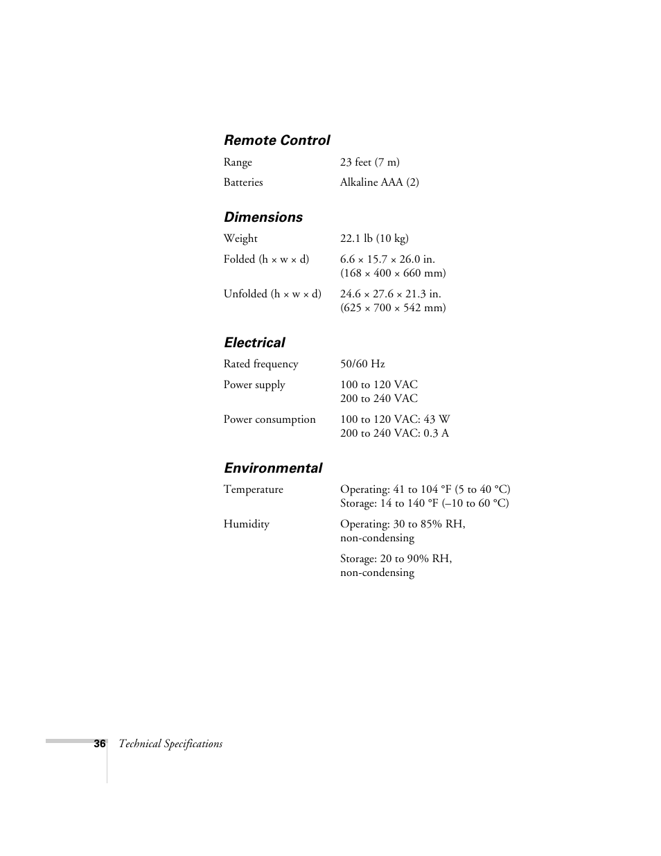 Remote control, Dimensions, Electrical | Environmental, Remote control dimensions electrical environmental | Epson ELPDC02 User Manual | Page 42 / 55