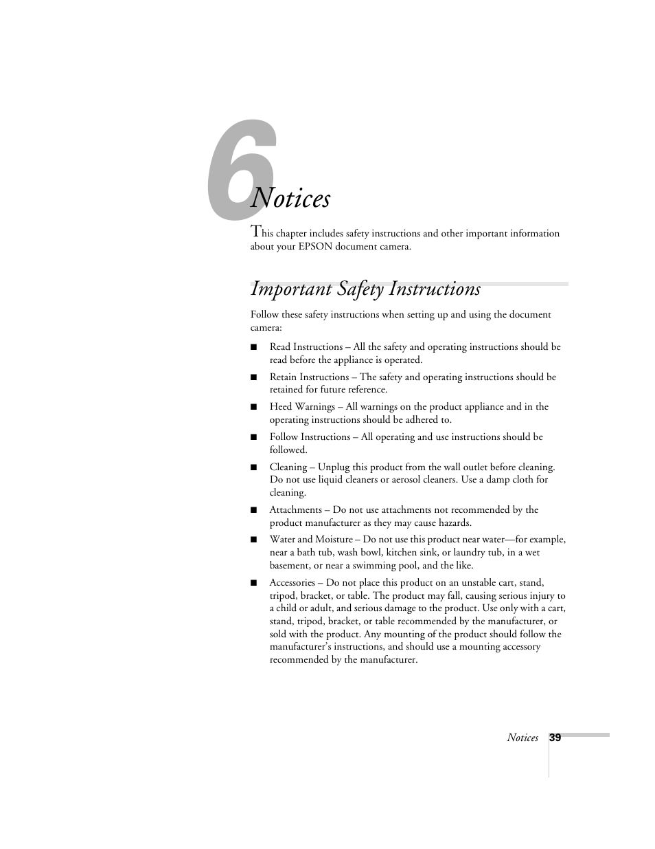 Chap 6-notices, Important safety instructions, Notices | Epson ELPDC02 User Manual | Page 45 / 55