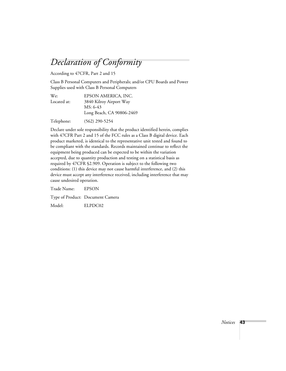 Declaration of conformity | Epson ELPDC02 User Manual | Page 49 / 55