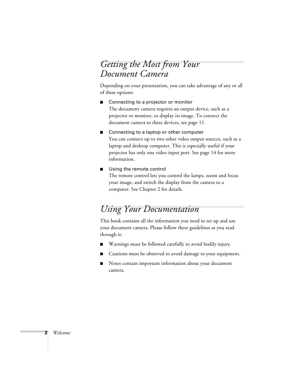 Getting the most from your document camera, Using your documentation | Epson ELPDC02 User Manual | Page 8 / 55