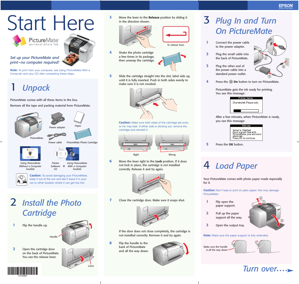 Start here, Unpack, Install the photo cartridge | Plug in and turn on picturemate, Load paper, Turn over | Epson PictureMate User Manual | Page 2 / 6