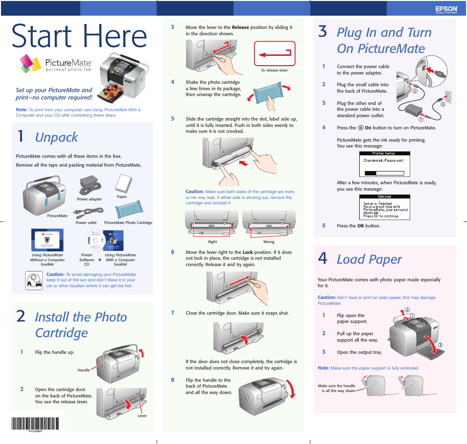 Plug in and turn on picturemate, Load paper, Start here | Unpack, Install the photo cartridge | Epson PictureMate User Manual | Page 3 / 6