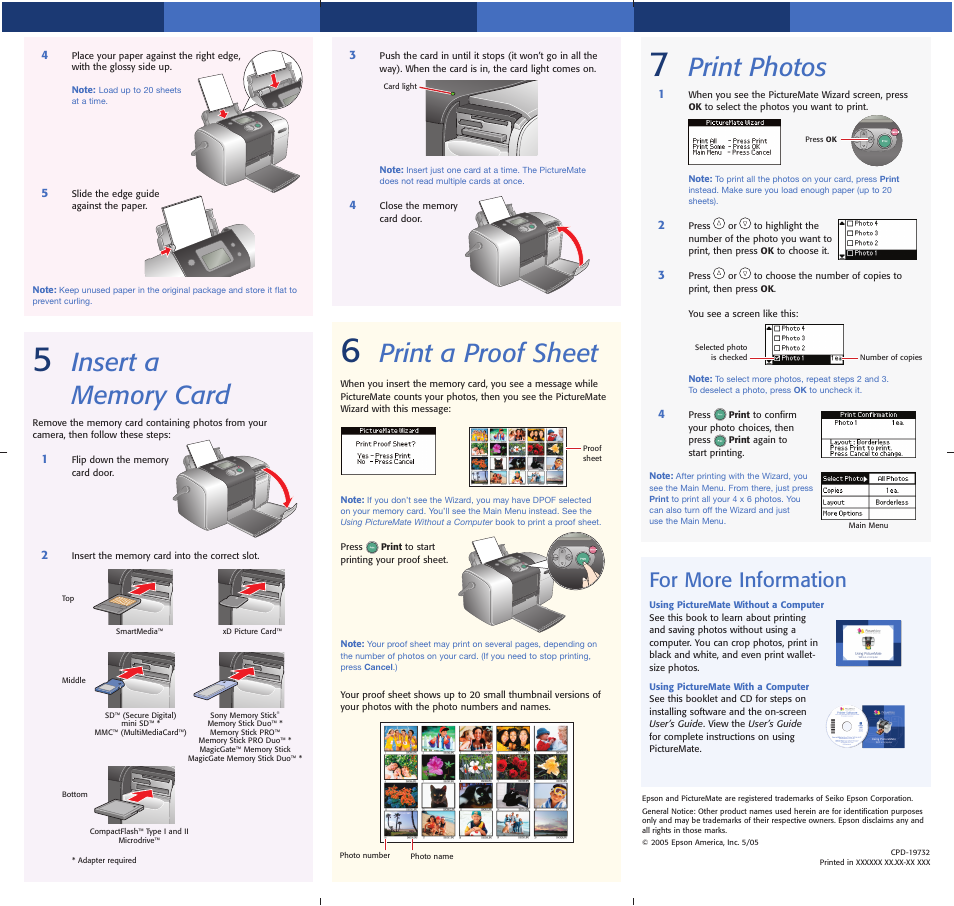 Insert a memory card, Print a proof sheet, Print photos | For more information | Epson PictureMate User Manual | Page 4 / 6