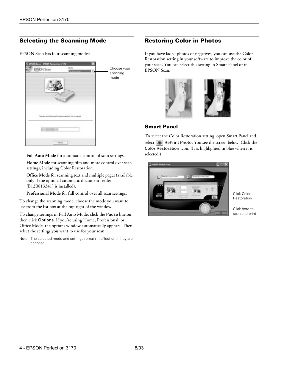 Selecting the scanning mode, Restoring color in photos | Epson Perfection Flatbed Color 3170 User Manual | Page 4 / 6