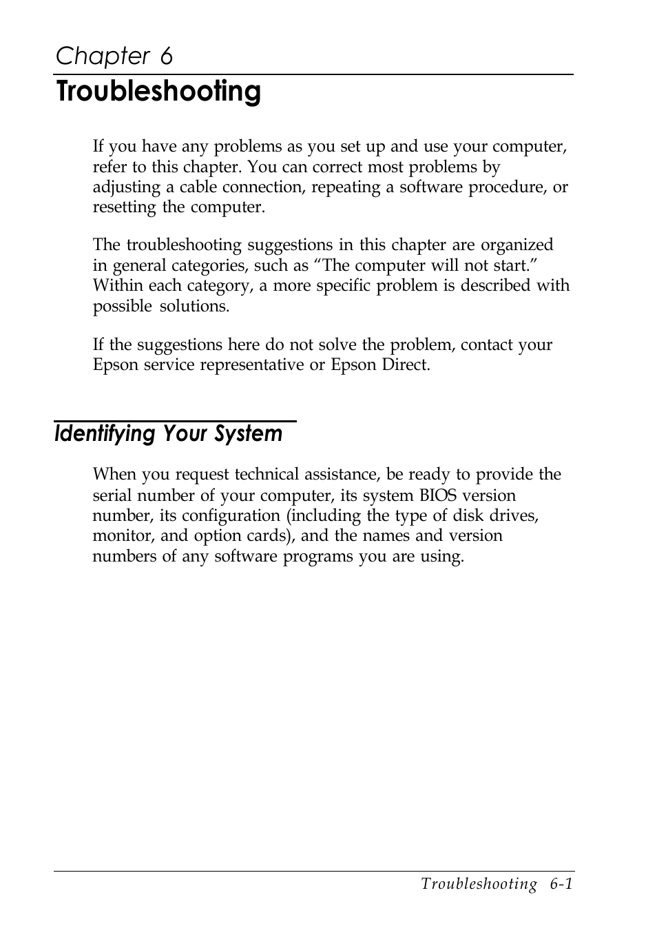 Chap 6-troubleshooting, Ldentifying your system, Troubleshooting | Chapter 6 | Epson EL 486UC User Manual | Page 102 / 132