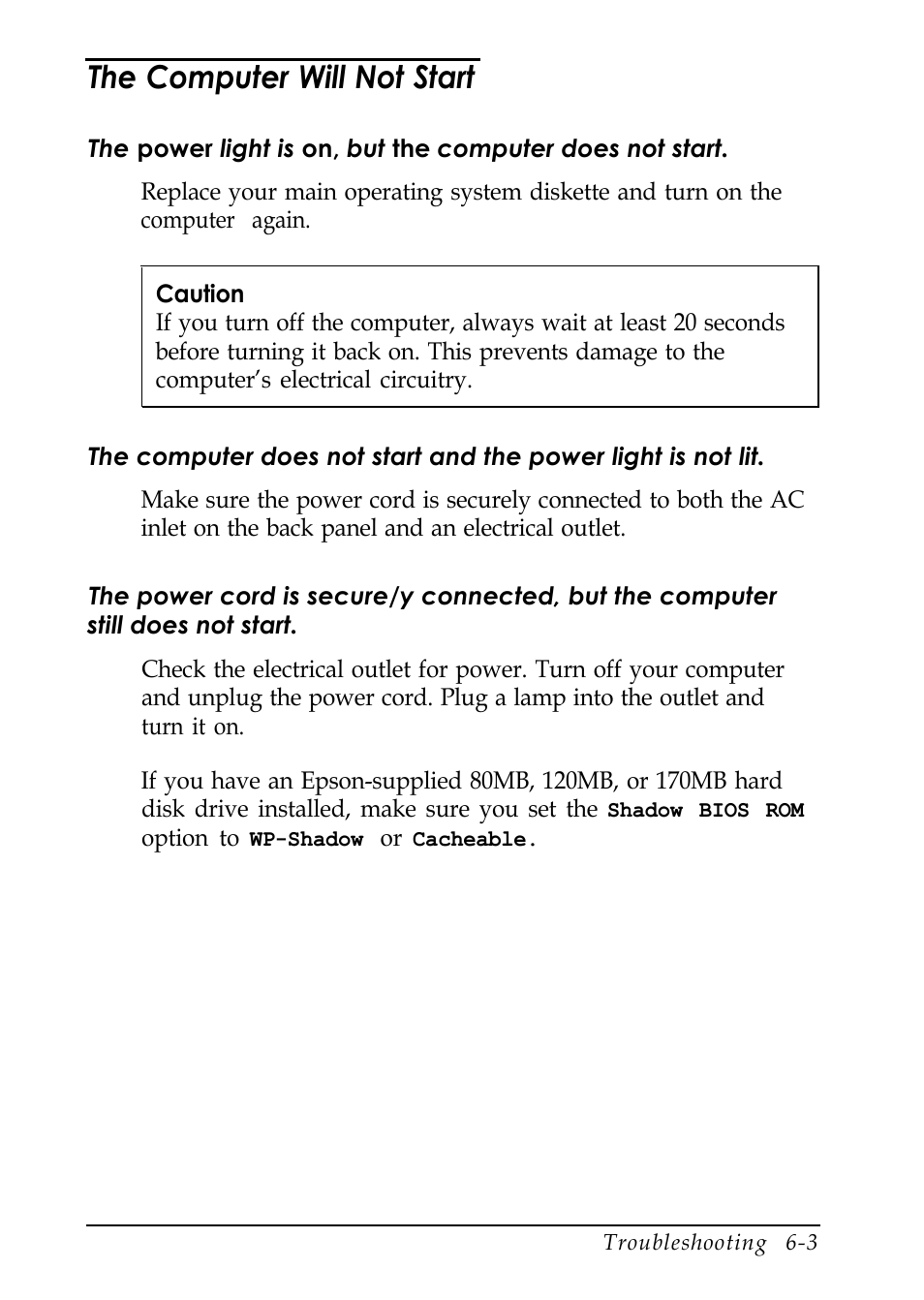 The computer will not start | Epson EL 486UC User Manual | Page 104 / 132