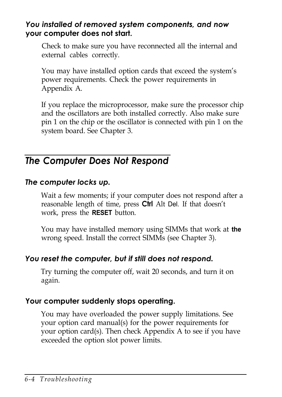 The computer does not respond | Epson EL 486UC User Manual | Page 105 / 132