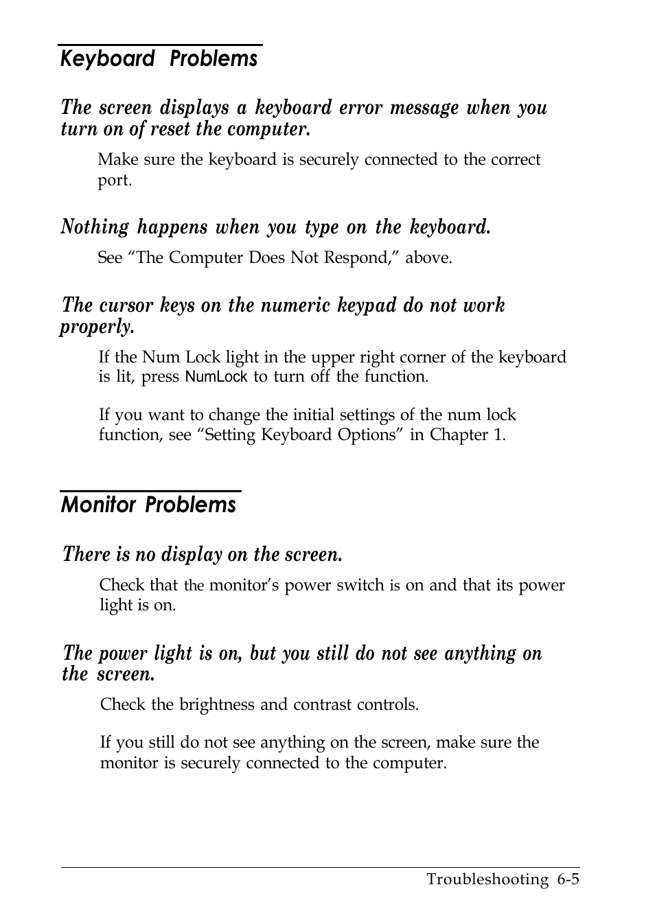 Keyboard problems, Monitor problems | Epson EL 486UC User Manual | Page 106 / 132