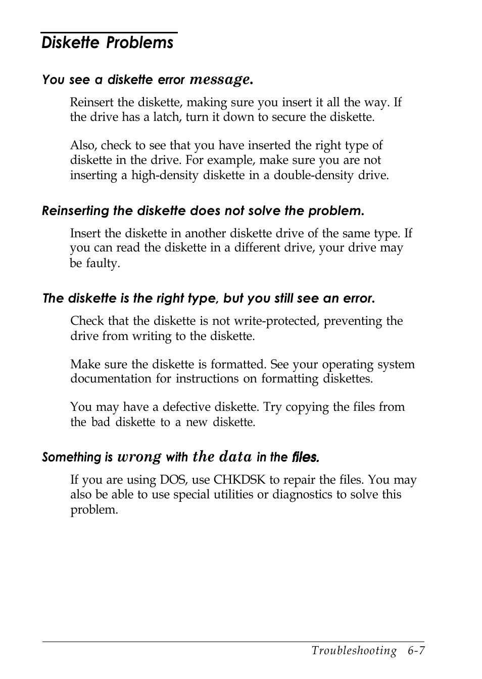 Diskette problems, Message, Wrong | The data | Epson EL 486UC User Manual | Page 108 / 132